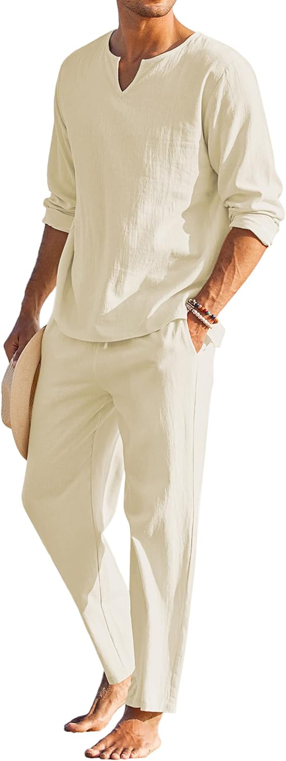 COOFANDY Men's Cotton Linen Set for Summer Yoga and Casual Wear