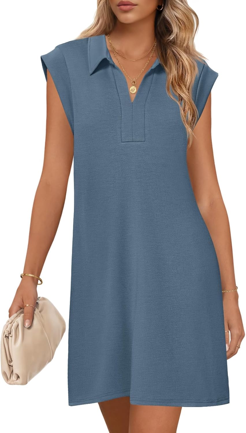 MEROKEETY Women's Casual Collared V Neck Mini Dress for Summer