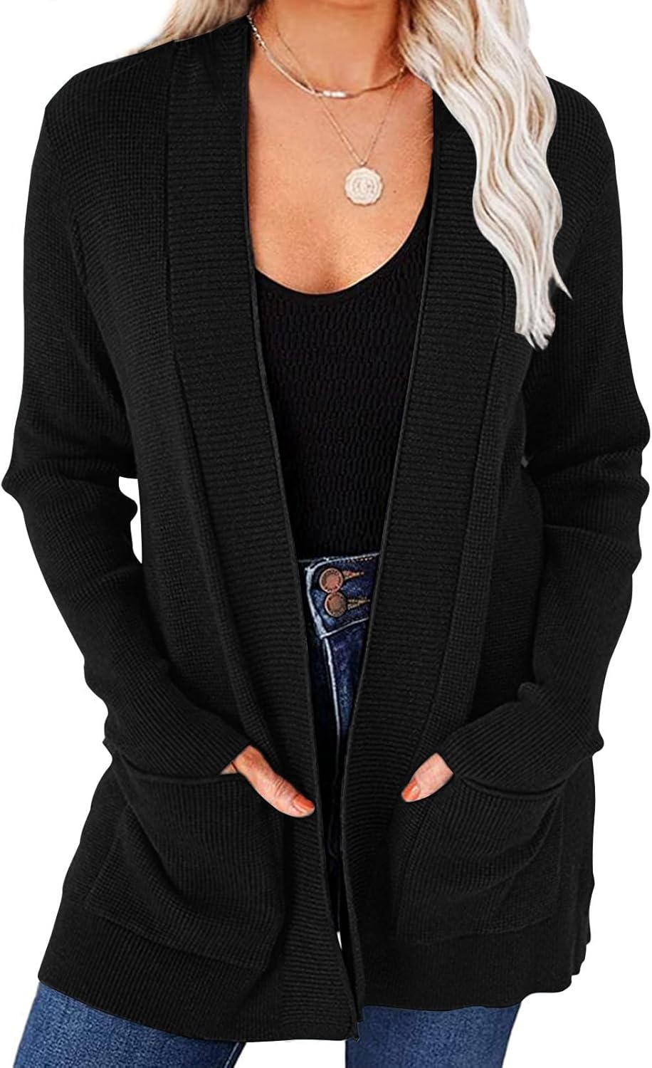 Cozy Open Front Waffle Knit Cardigan for Women by MEROKEETY
