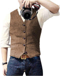 Ceehuteey Mens Tweed Vest Waistcoat Herringbone V Neck - Smart Fit