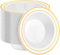 100 Pack Disposable Soup Bowls with Gold Rim - 12oz Heavy Duty Plastic