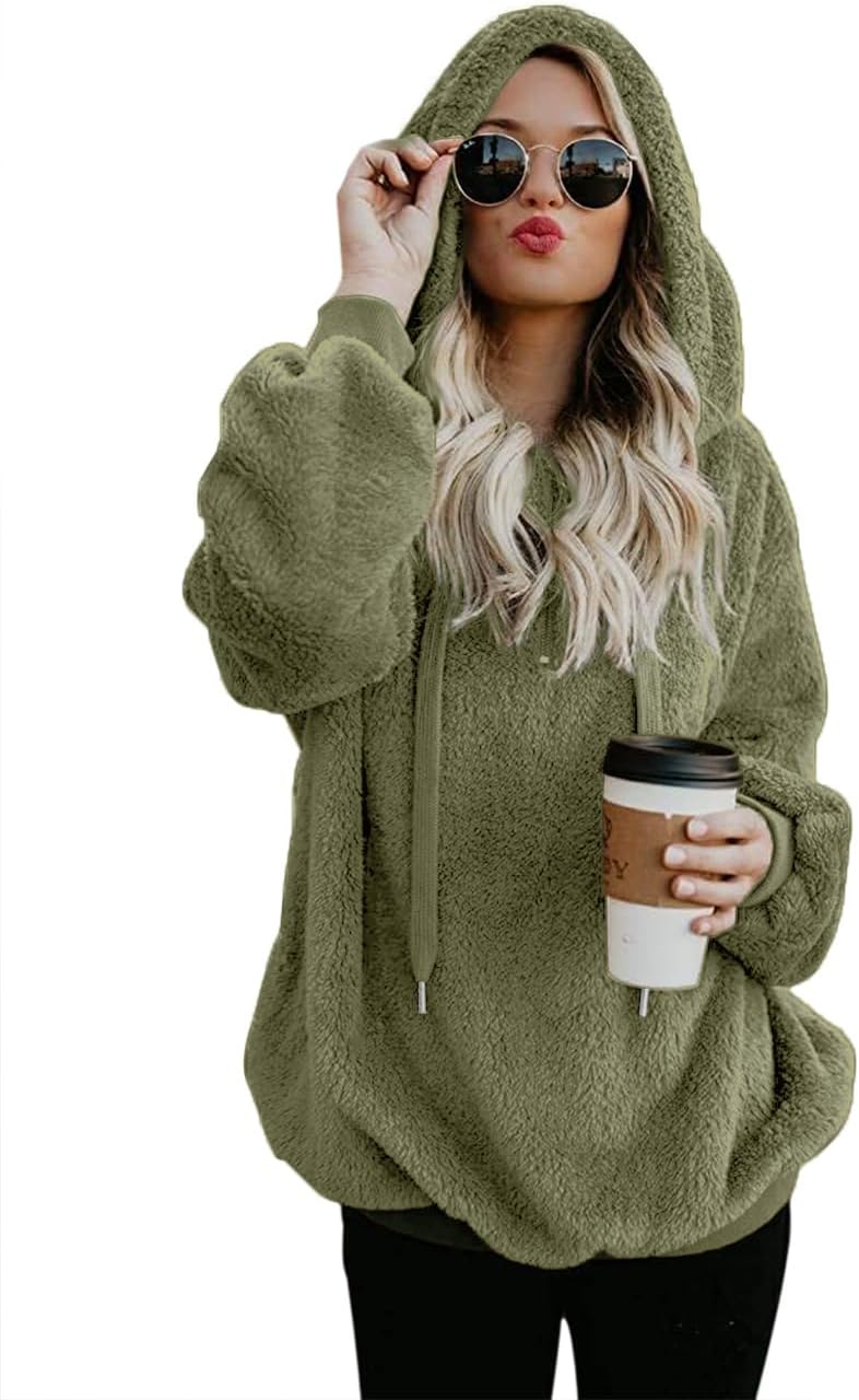 Women Casual Double Fuzzy Sweatshirt Faux Fleece Zip Pullover