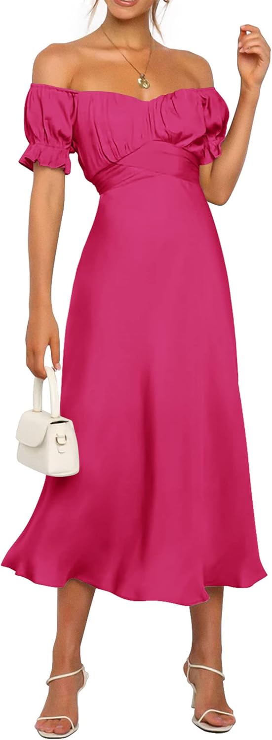 KIRUNDO Women's Satin Off Shoulder Midi Dress for Weddings