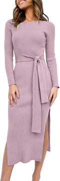 ANRABESS Womens Long Sleeve Sweater Dress - Slim Midi Tie Waist