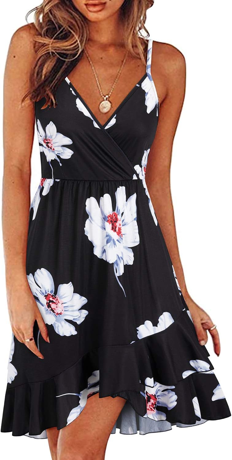 ULTRANICE Womens Summer Dresses Floral V Neck Ruffled Hem Style