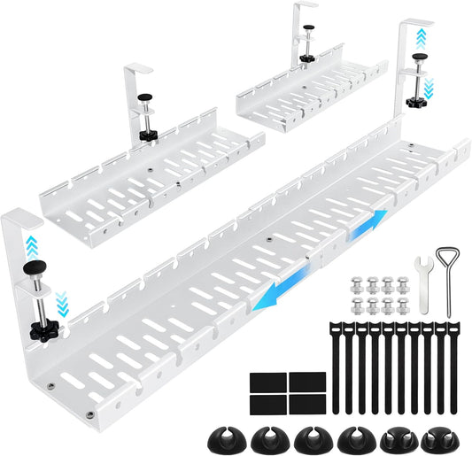 Shikha Retractable Cable Tray: No-Drill Desk Wire Management - White