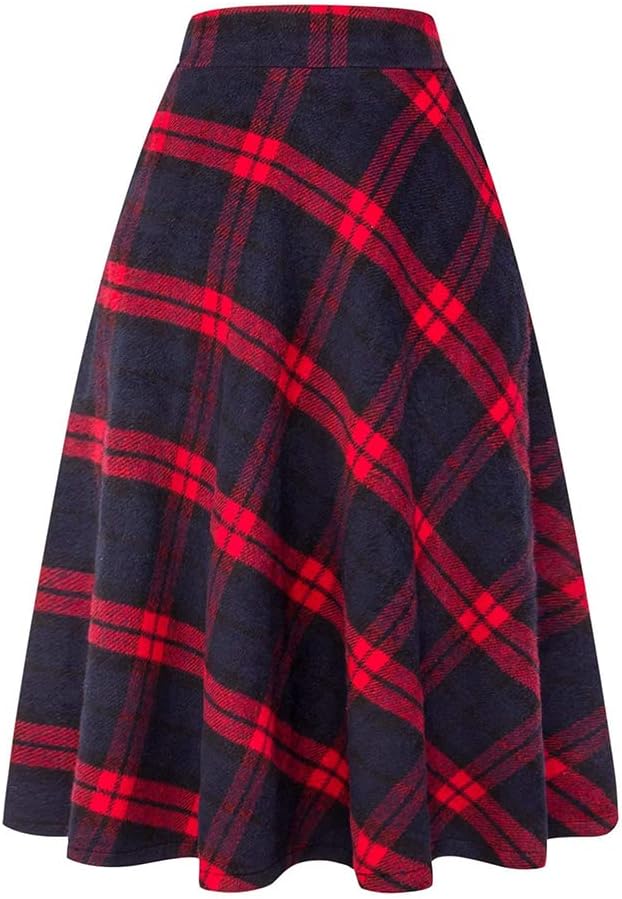 Long Plaid Wool Skirt for Women - Warm High Elastic Waist A-Line