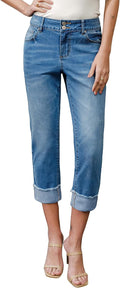 Women's High Waisted Capri Jeans - Roll-Up Cuffed Skinny Capri
