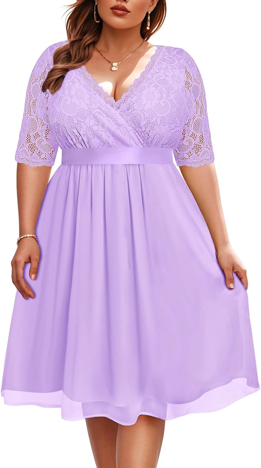 Plus Size Lace Chiffon Wrap V Neck Midi Dress for Women