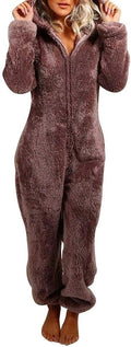 Womens Fleece Onesies Pajamas Jumpsuit Hooded Sherpa Romper - Warm