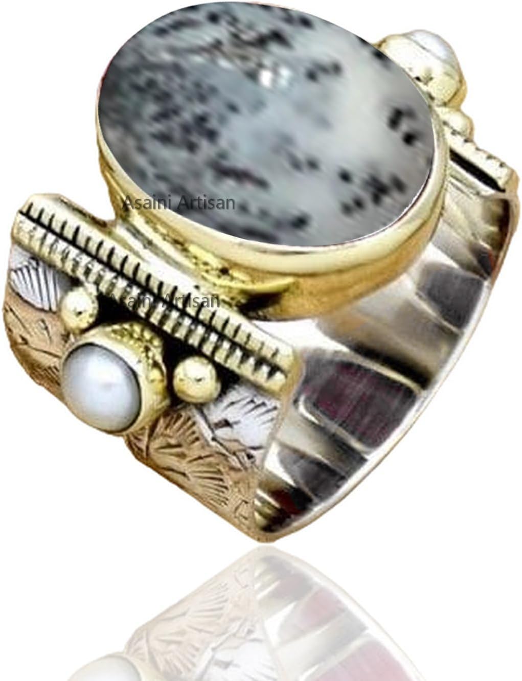 10x14MM Oval Gemstone Sterling Silver Ring with Pearl Accents