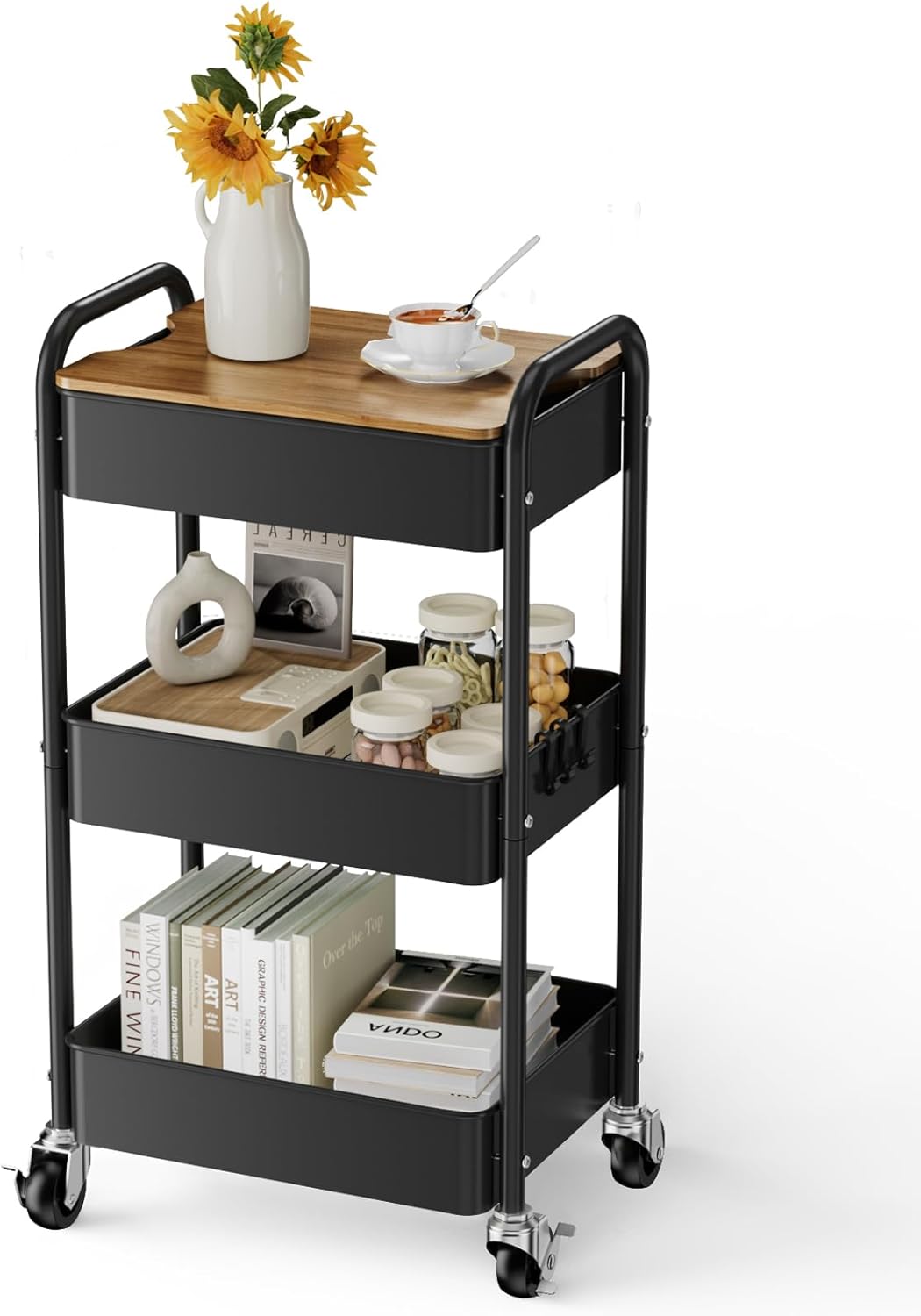 3 Tier Rolling Cart with Tabletop for Office and Kitchen Use