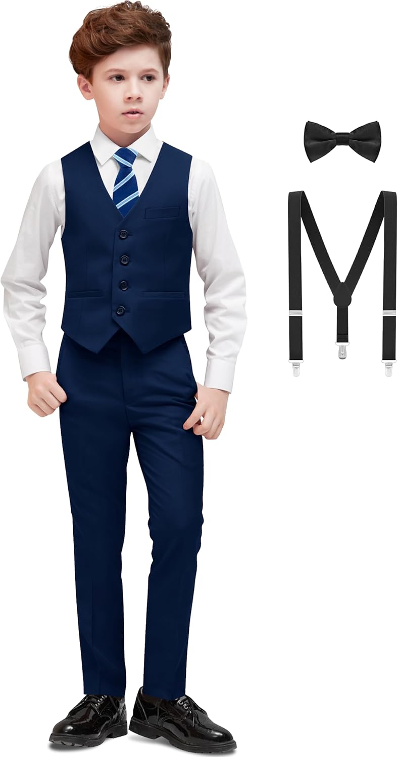 Boys' Formal Dresswear Suits Set with Suspenders and Adjustable Waist