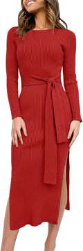 Womens Long Sleeve Sweater Dress Midi - Slim Fit Ribbed Knit