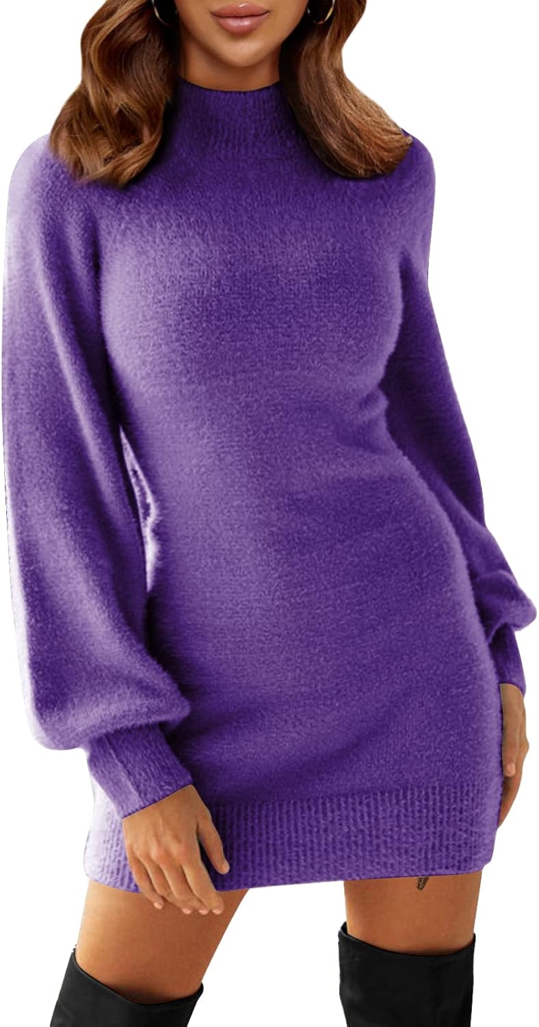 EXLURA Women's Mock Neck Ribbed Long Sleeve Bodycon Dress