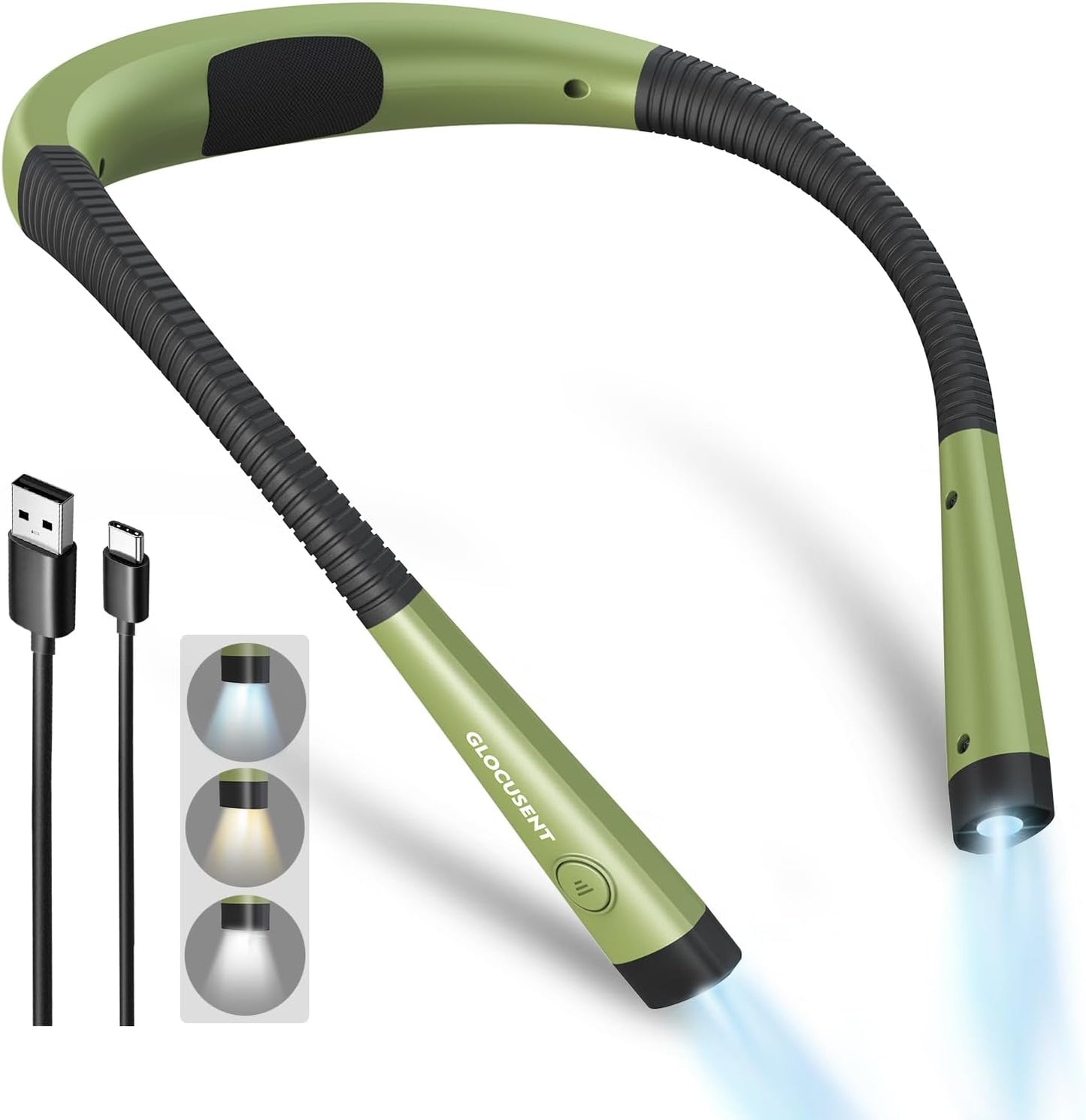 Glocusent Bendable Book Light | 3-Color, 6-Brightness | Rechargeable 80-hr battery | Ideal for Reading & Crafting | Green