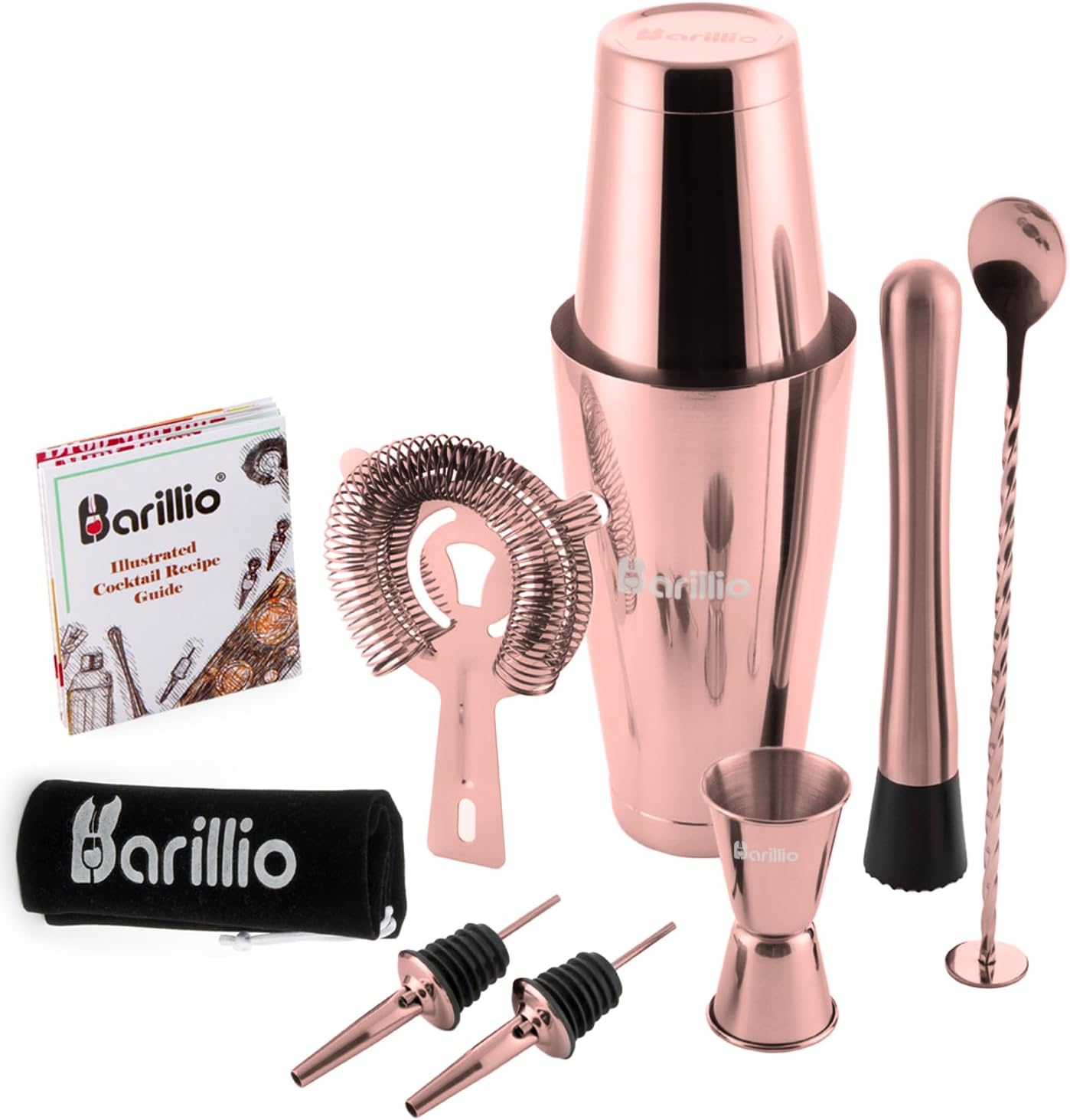 Barillio Rose Gold Boston Shaker Set - Stylish 9-pc Cocktail Kit