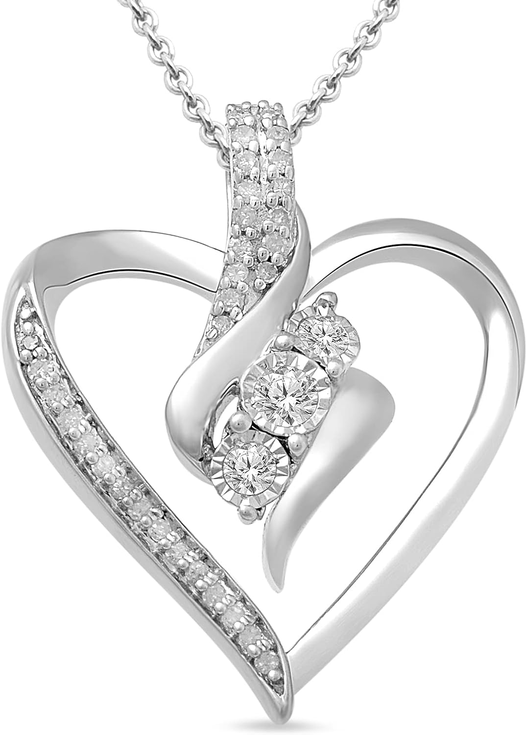 Diamond 3 Stone Pendant Necklace with Heart Design in Silver