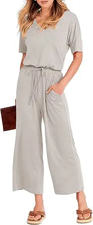 Stylish Women Short Sleeve V Neck Wide Leg Jumpsuit with Pockets