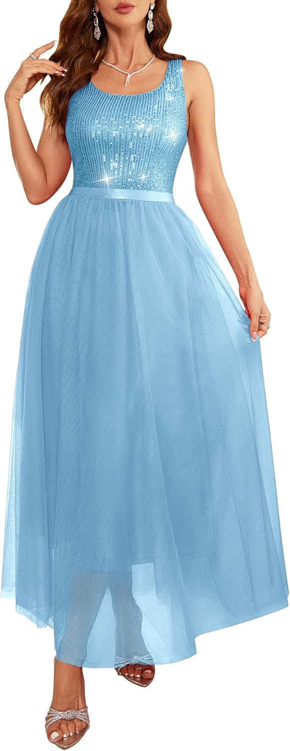 BeryLove Sequin Dress for Women - Elegant A Line Maxi Gown