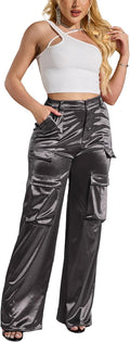 Womens High Waisted Satin Cargo Pants Loose Fit Wide Leg Trousers dry