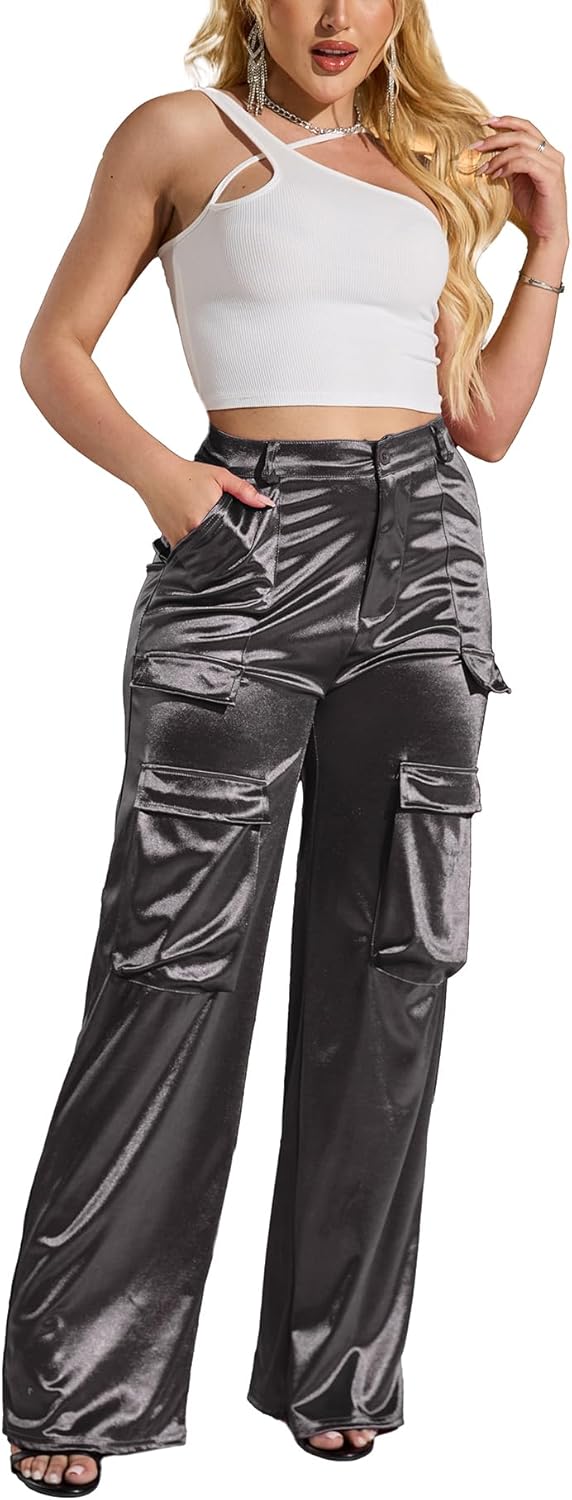 Womens High Waisted Satin Cargo Pants for Trendy Outfits