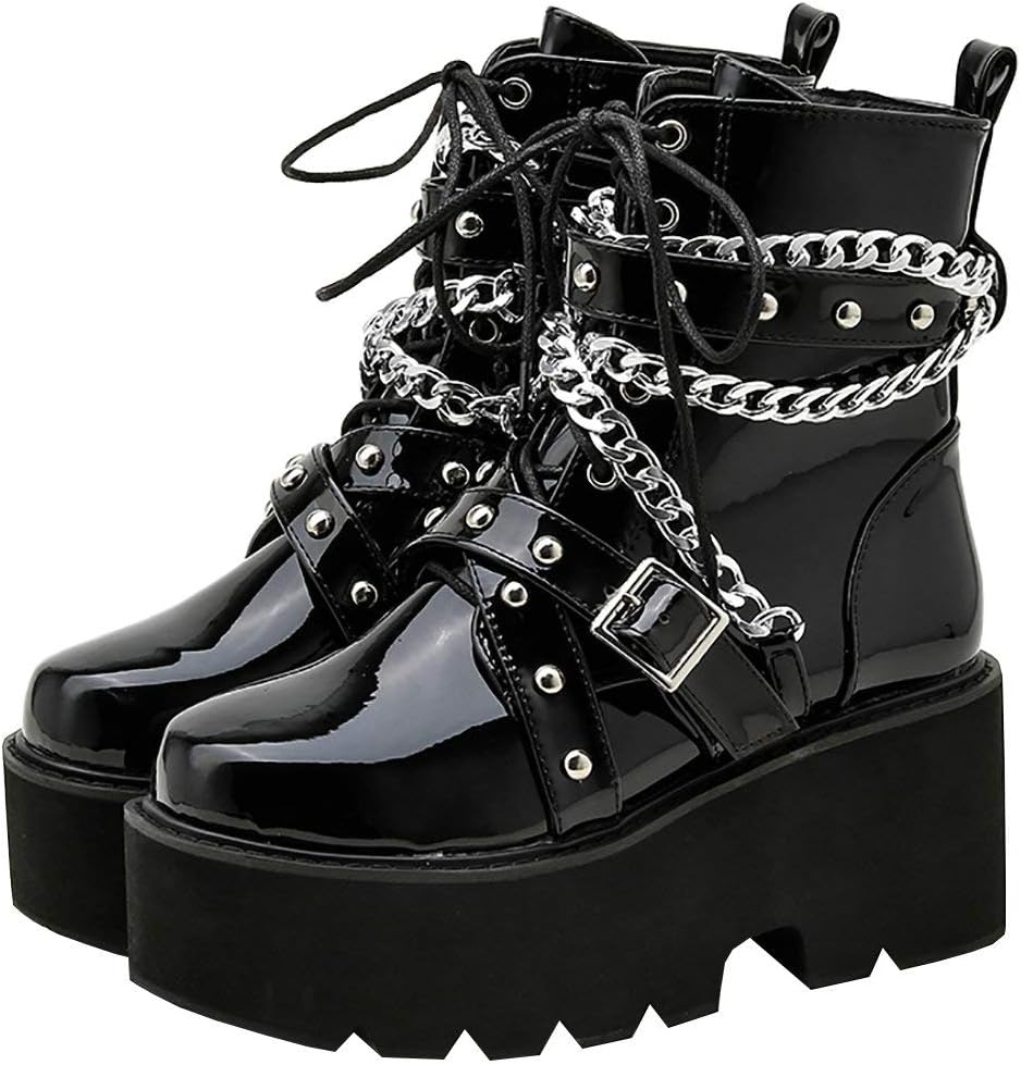 Parisuit Womens Goth Patent Ankle Boots for Punk Style Lovers