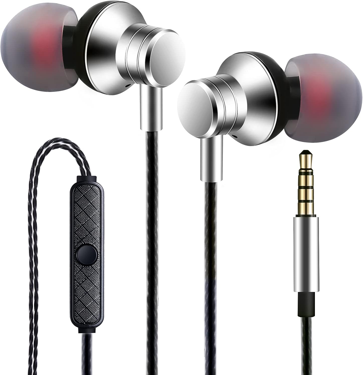 Stereo Bass Wired Earbuds with Mic, Noise Isolation, Silver