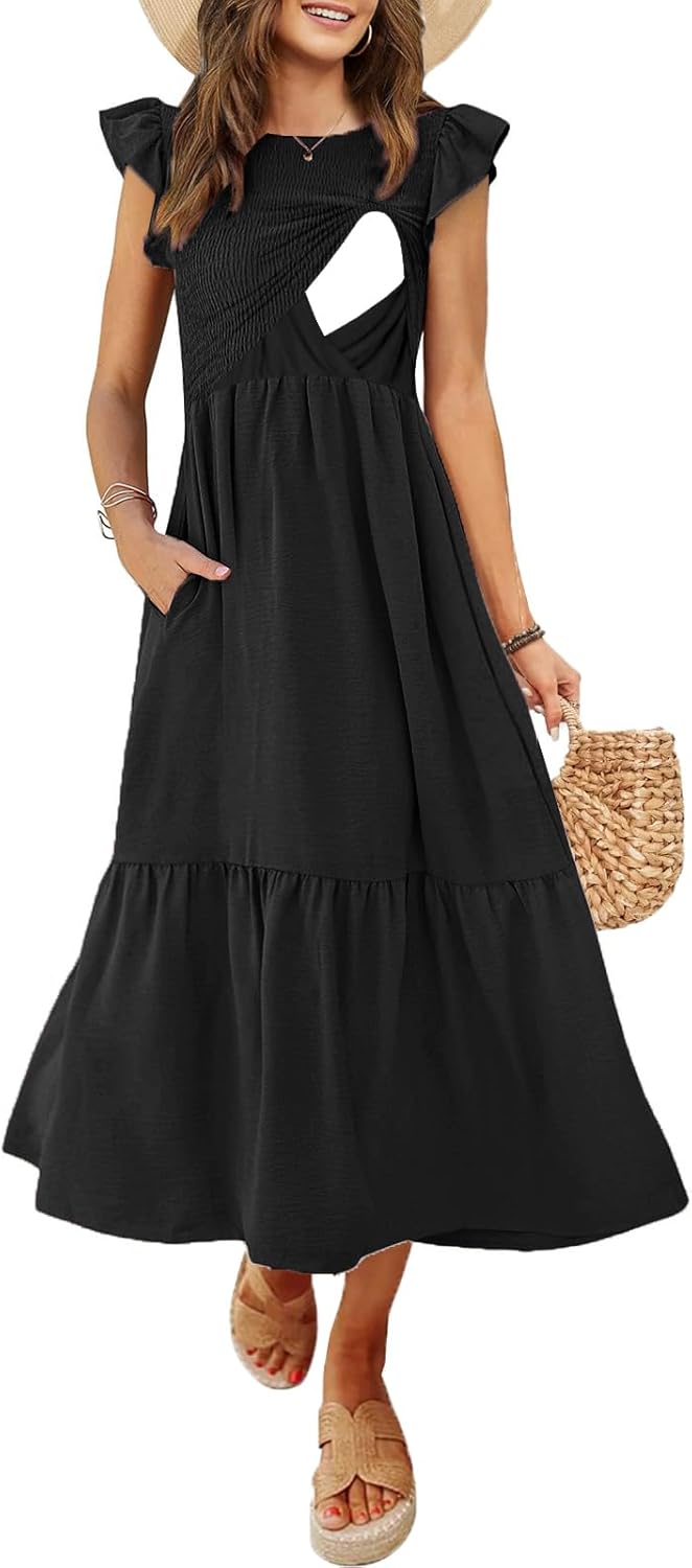 Women's Nursing Dress with Flutter Sleeves and Pockets