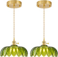 2 Pack Glass Pendant Lights Kitchen Island - Retro Floral Green Brass