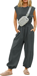 Flygo Womens Casual Jumpsuit Crewneck Cap Sleeve Romper - Easy