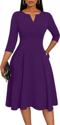 Nmoder Midi Dresses for Women A-Line Fit and Flare Dress - V Neck, 3/4