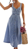 Denim Dress for Women Sleeveless Button Down Slim Fit Midi