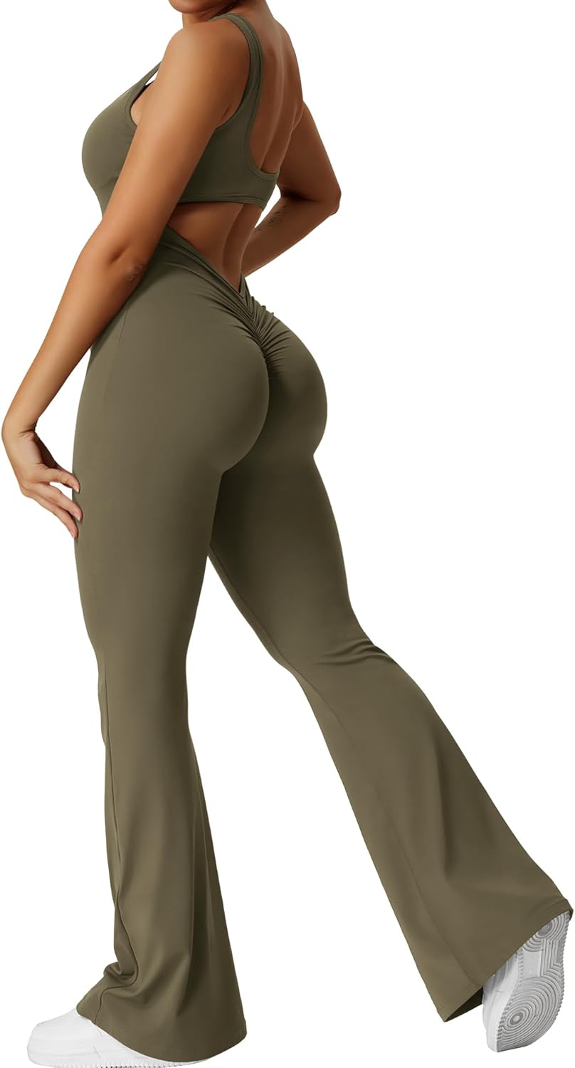 YEOREO Women Workout Scrunch Flare Jumpsuits for Gym Yoga