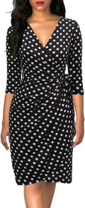 Women's Black Faux Wrap V Neck Knee-Length Dress - Classic Work