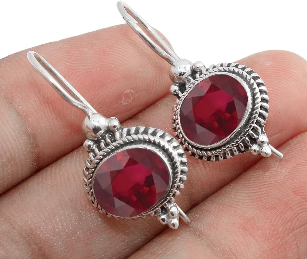Solid 925 Sterling Silver Dangling Earrings with Ruby Gemstone
