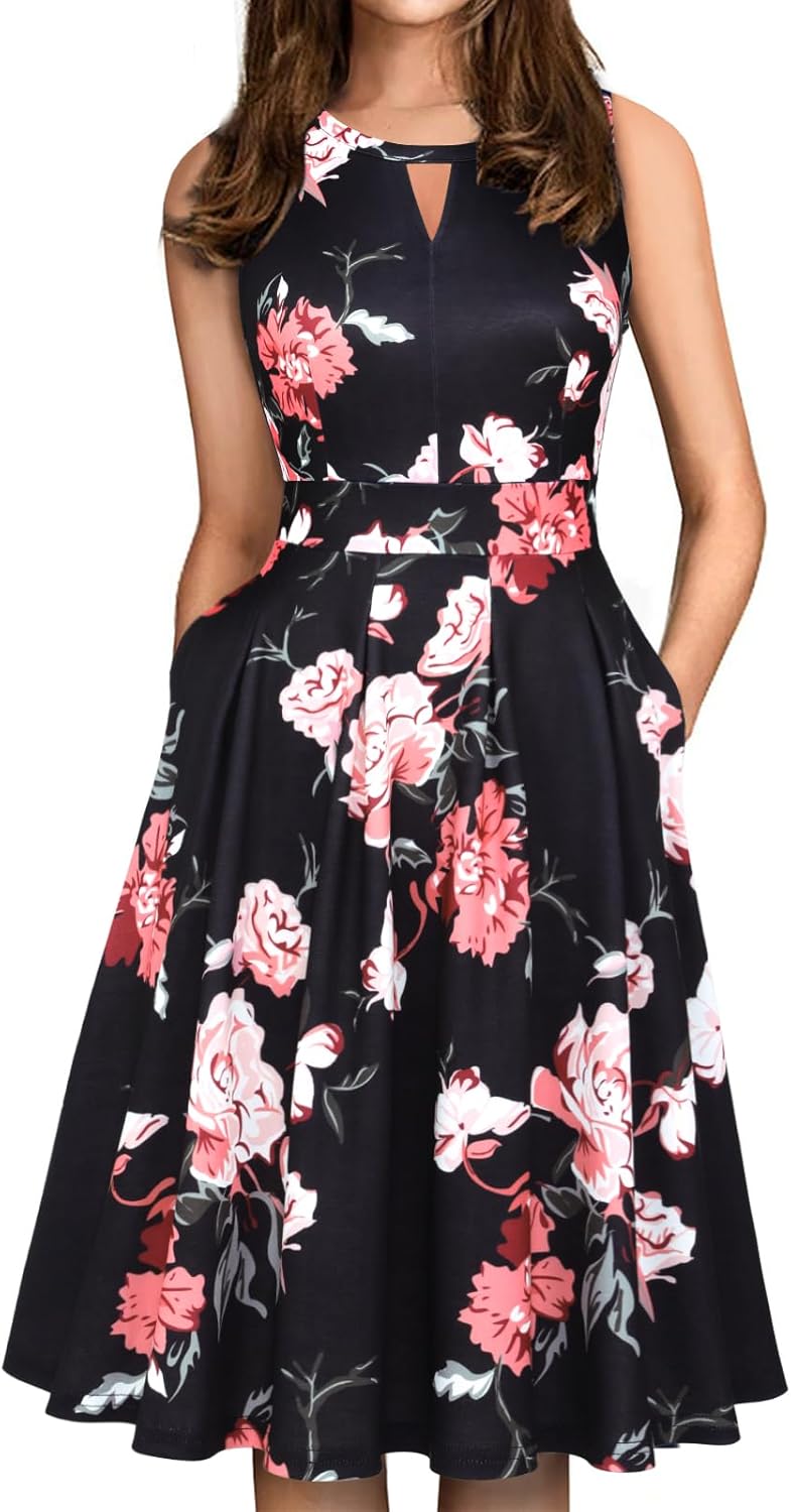 Sureple Women's Retro Sleeveless Swing Dress with Pockets