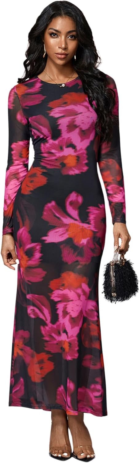 Elegant Floral Mesh Maxi Dresses for Women - Perfect for Weddings