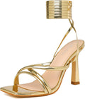 Mostrin Womens Lace Up Gold Strappy Heels - Tie Up Square Open Toe