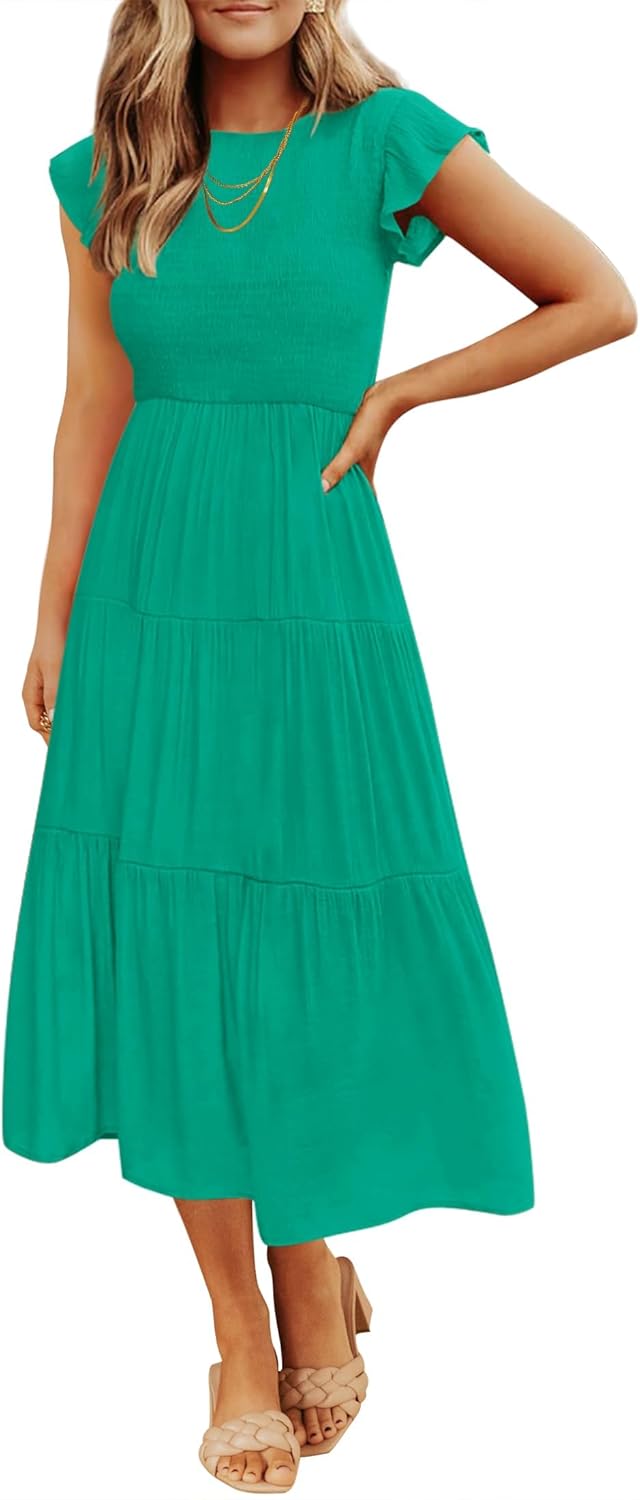 ZESICA Women's Summer Casual Flutter Short Sleeve Midi Dress
