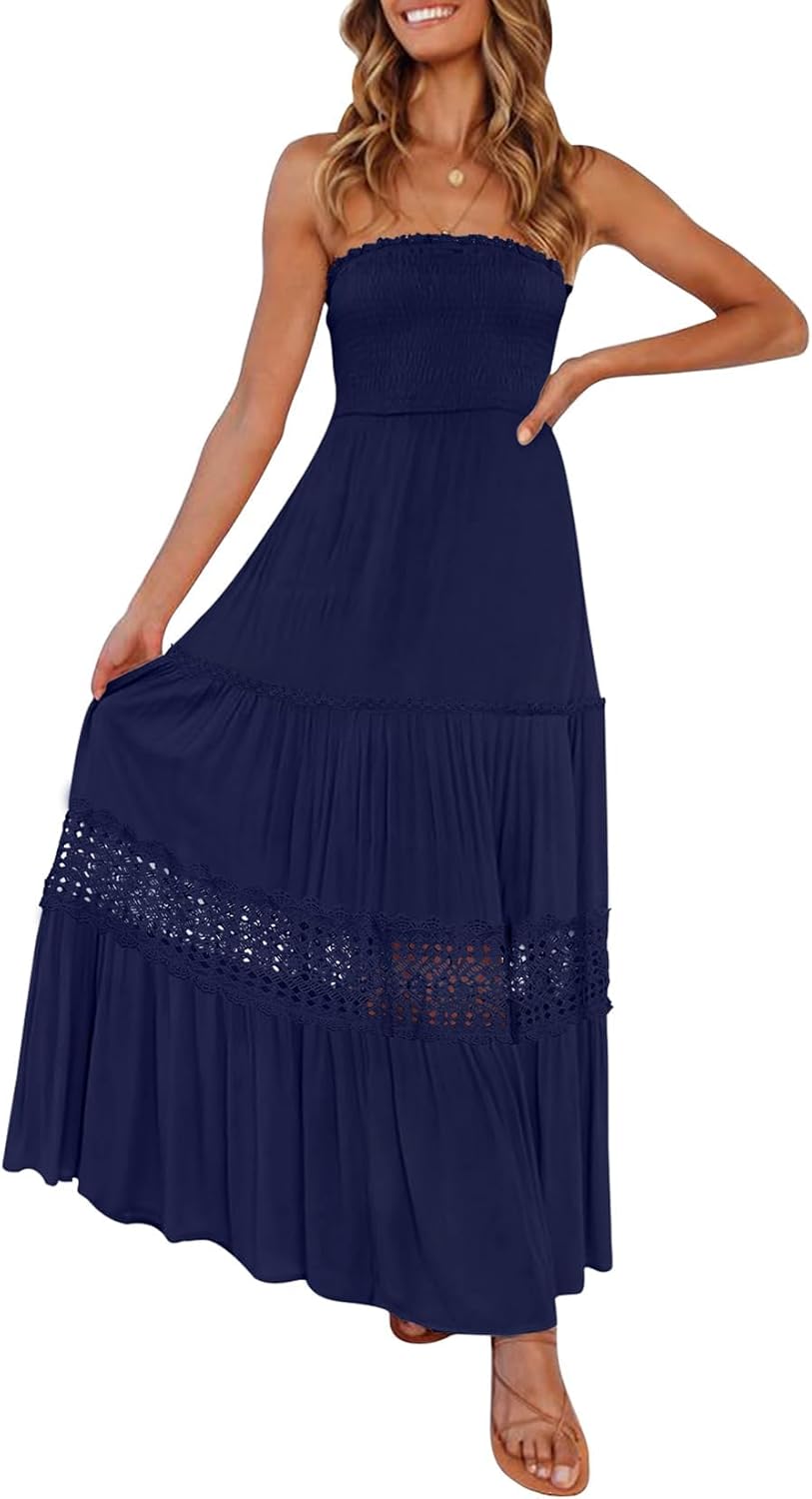 ZESICA Women's Bohemian Strapless Maxi Dress for Summer Fun