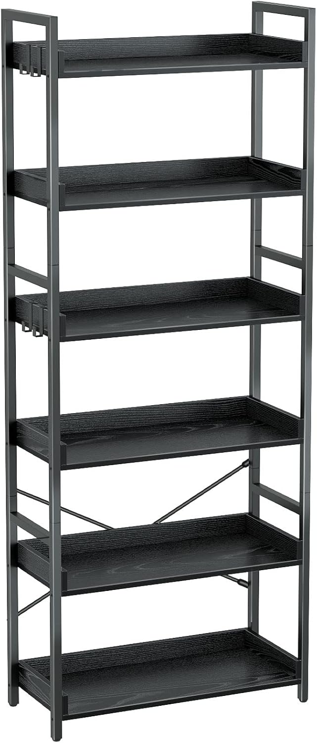 Rolanstar 6 Tier Industrial Wood Bookcase with Hooks for Storage