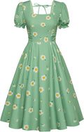Belle Poque Vintage Square Neck Puff Sleeve Dress - Flattering Mid