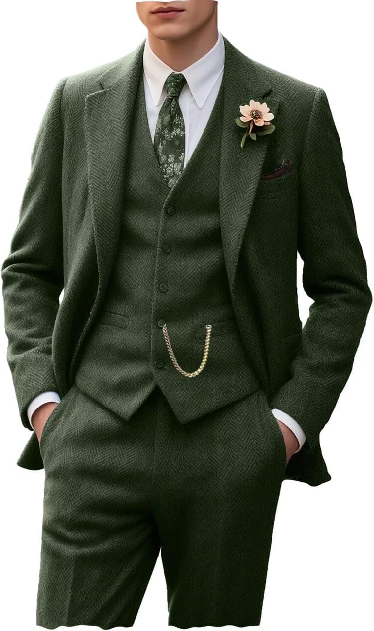 Retro Tweed Men's Suit 3 Piece Slim Fit Herringbone Tuxedo Set