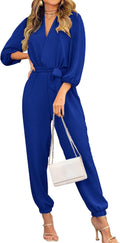 Women's Fall Jumpsuit V Neck Belted Romper - Dressy Casual