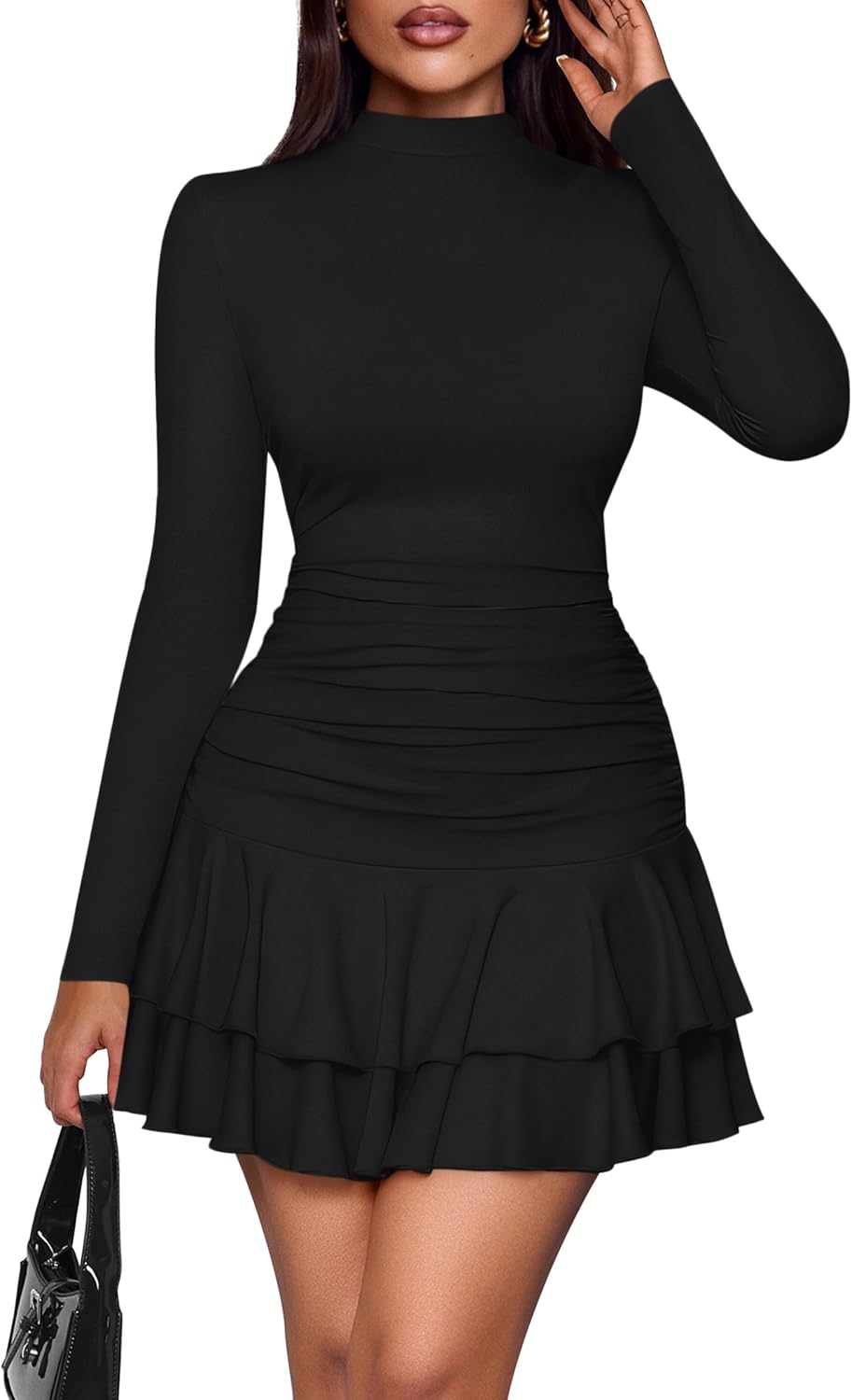 PRETTYGARDEN Women's Fall Long Sleeve Ruched Mini Dress