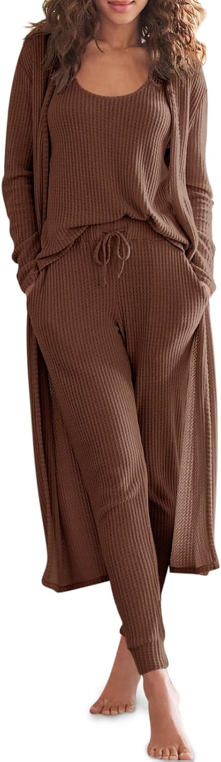 Eurivicy Womens Lounge Set Waffle Knit 3 Piece Pajama Set