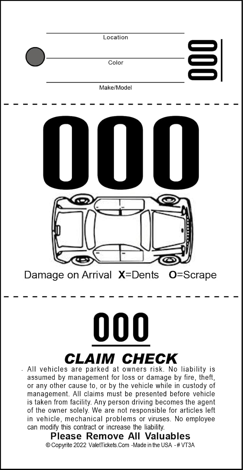 Premium Valet Parking Tickets - 1000 Tickets, Durable Card Stock