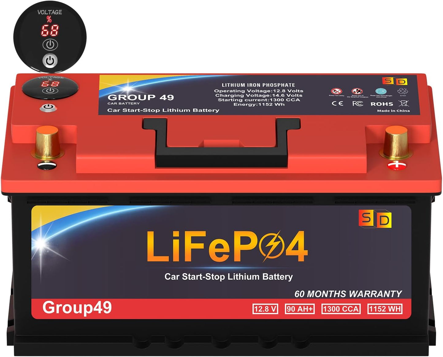 Powerful 12V 90AH LiFePO4 Car Battery, Smart BMS, 1300CCA