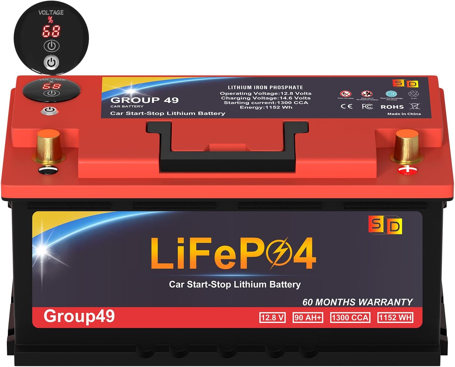 Powerful 12V 90AH LiFePO4 Car Battery, Smart BMS, 1300CCA